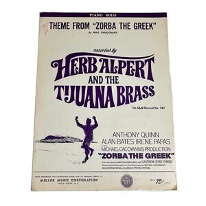 VTG Piano Solo Theme From Zorba Greek Music Sheet Miller Music Corp Circa 1964